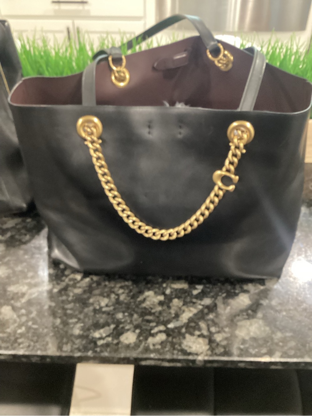 Coach Black Leather Tote with Gold Chain Handles - Picture 6 of 6